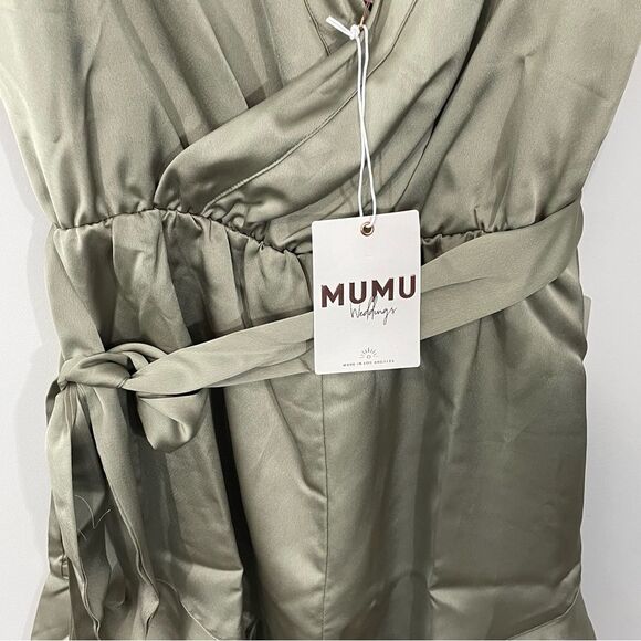 NWT Show Me Your Mumu - Say I Do Romper Moss Green Size MEDIUM Satin Faux Wrap - Picture 8 of 11